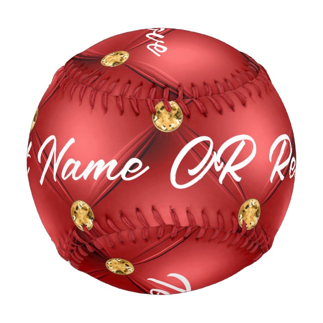Balle De Baseball Or Rouge Diamant Toupetée Cuir Texte Nom Baseball (Devant)