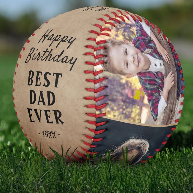 Balle De Baseball Rustic Joyeux Anniversaire Best Papa 3 Photo Colla (Créateur téléchargé)