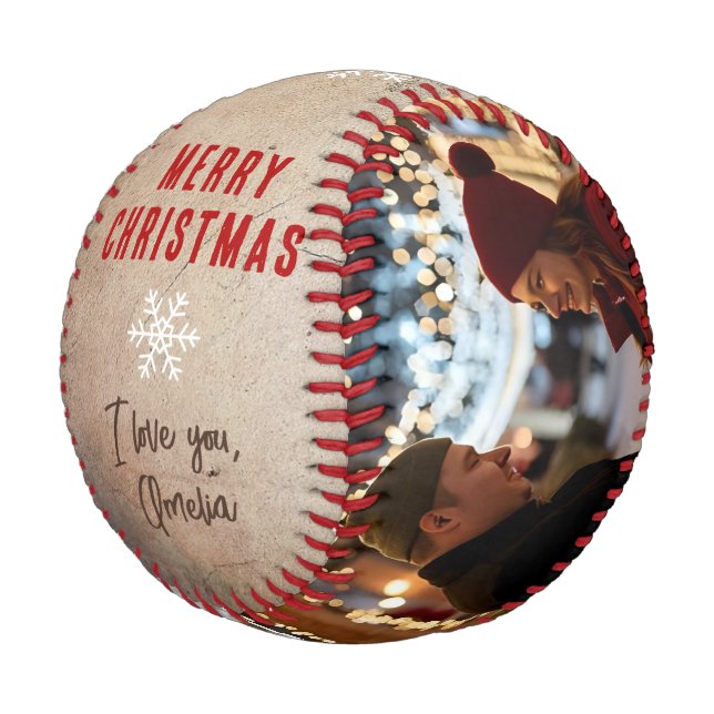 Balle De Baseball Rustic Merry Christmas 2 Photo Collage Keepsake (Angle)