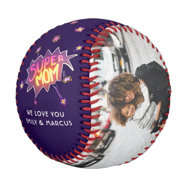 Balle De Baseball Super Maman Lettrage main Purple Keepsaké photo (Angle)