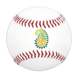 Balle De Baseball un cachemire jaune et vert avec feuilles et fleurs