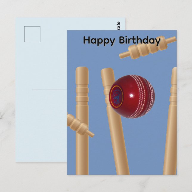 Balle de cricket et piquets, carte postale d'anniv (Devant / Derrière)