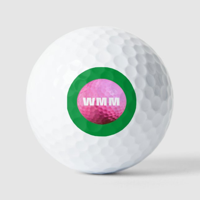 Balle de golf moderne rose/vert monogramme (Recto)