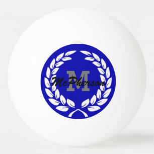 Balle De Ping Pong Bleu Royal avec Couronne de Laurier et Monogramme/