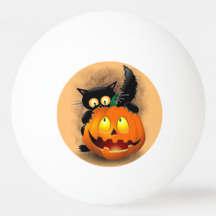 Balle De Ping Pong Cat Fun Halloween Character biting a Pumpkin 