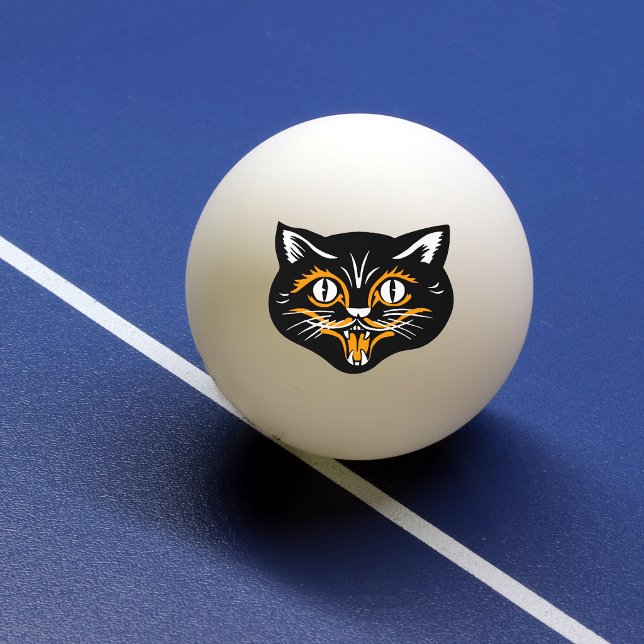 Balle De Ping Pong Chat noir visage aux crocs Halloween Classique Vin (Happy vintage Halloween black and orange cat face on pink pong ball.)