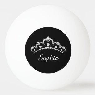 Balle De Ping Pong Couronne de diamant blanc et nom en script, noir