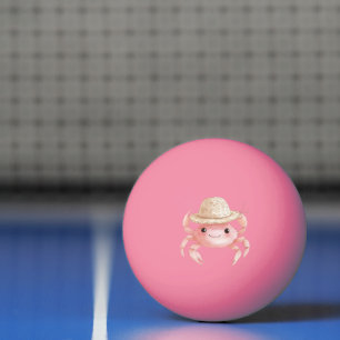 Balle De Ping Pong Crabe souriant rose mignon de plage avec chapeau