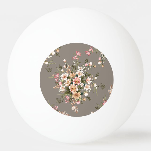 Balle De Ping Pong Crème, fleurs roses sur gris. (Devant)