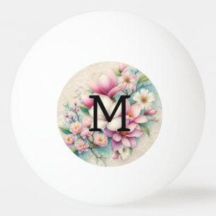 Balle De Ping Pong Dentelle monogramme fleurs de magnolias rose viole