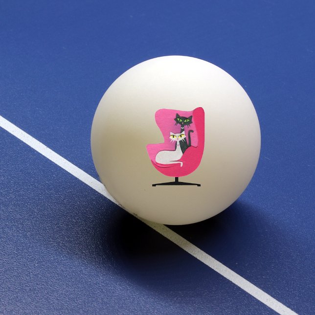 Balle De Ping Pong Deux chats Kitty du milieu du siècle en chaise ros (Classy atomic cats sitting in pink mid century chair on white pink pong balls.)