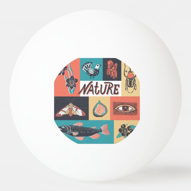 Balle De Ping Pong Éléments de la nature, Icônes de style rétro. (Devant)