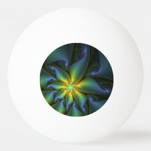 Balle De Ping Pong Étoile abstraite, art fractal doré bleu vert brill