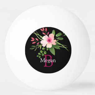Balle De Ping Pong Fleur aquarelle, nom et monogramme sur fond noir