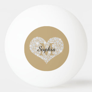 Balle De Ping Pong Grand Coeur Diamant, Monogramme Or, Nom Du Script