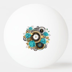 Balle De Ping Pong Horloge Steampunk et roses turquoise sur fond rayé