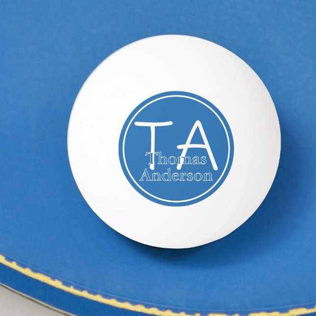 Balle De Ping Pong Initiales et nom modernes en blanc et bleu (Créateur téléchargé)