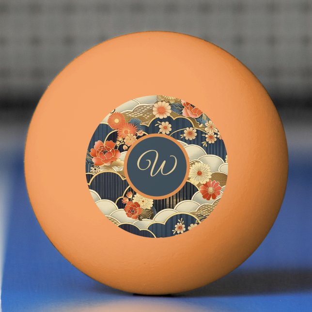 Balle De Ping Pong Japanese Style Retro Teal Floral n Clouds Initial (Créateur téléchargé)