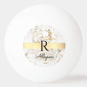 Balle De Ping Pong Marbre Blanc & Or Barre Or, Monogramme Nom Noir DI
