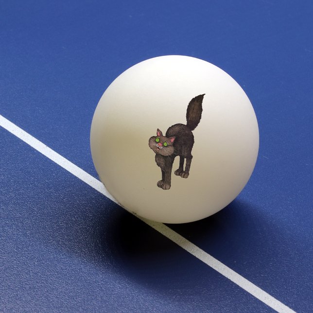 Balle De Ping Pong Mignons yeux verts chats noirs (Cute black cat with arched back bushy tail and green eyes on ping pong balls.)