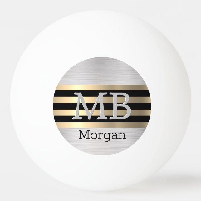Balle De Ping Pong Monogramme 3D/Nom Bk/Gold Stripes Brossé Argent (Devant)