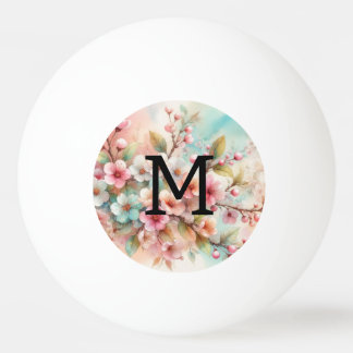 Balle De Ping Pong Monogramme aquarelle florale roses cerisiers en fl