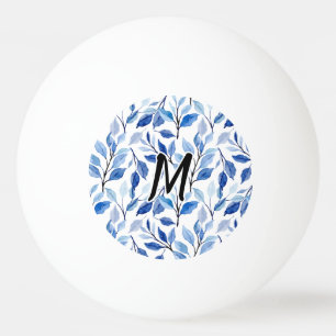 Balle De Ping Pong Monogramme d'art fin en mosaïque de feuilles bleue
