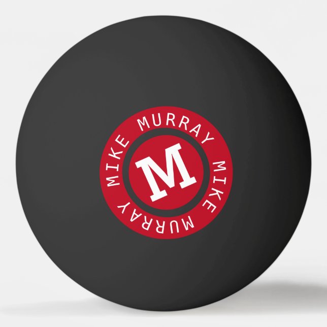 Balle De Ping Pong monogramme en cercle rouge sur noir (Devant)