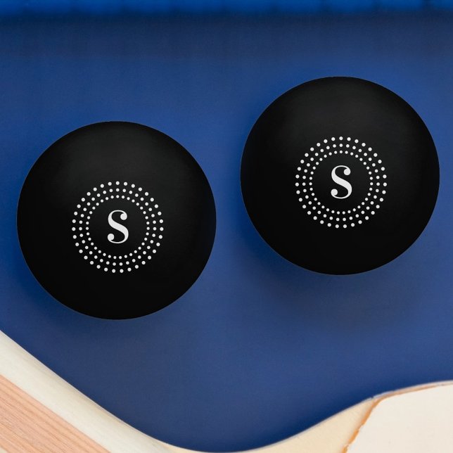 Balle De Ping Pong Monogramme initial des points radiaux rétro sur le (Monogram initial retro radial dots on black ping pong ball)