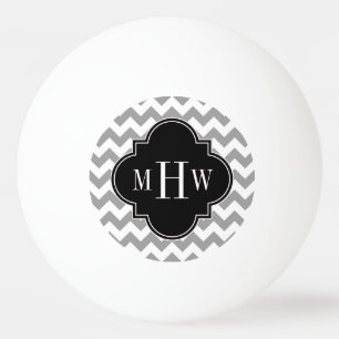 Balle De Ping Pong Monogramme noir blanc gris de Chevron Quatrefoil 3
