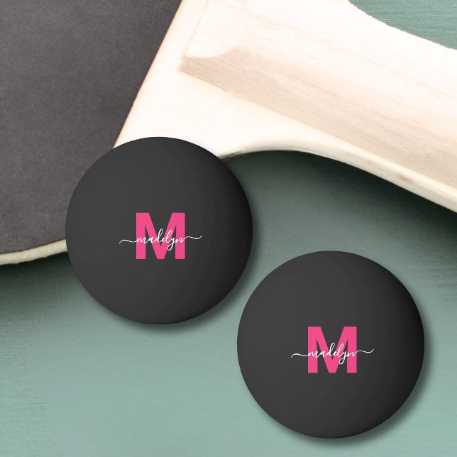 Balle De Ping Pong Monogramme Noir Rose (Pink Black Monogram Initial Name Ping Pong Ball )