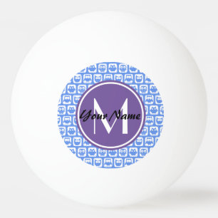 Balle De Ping Pong Monogramme personnalisé Chouettes bleues