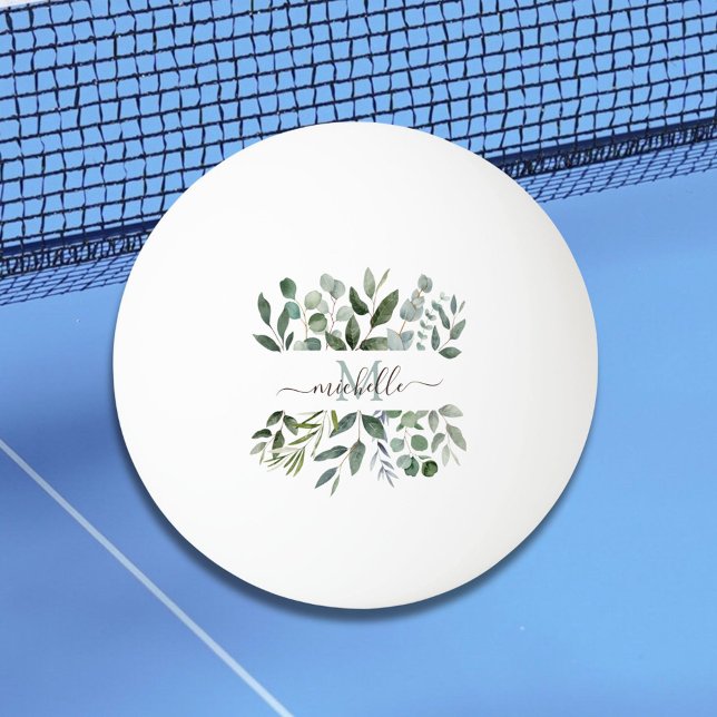 Balle De Ping Pong Monogramme Sage Green Eucalyptus Feuilles de verdu (In situ)