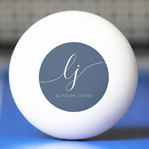 Balle De Ping Pong Nom et monogramme blanc bleu marine Personnalisé