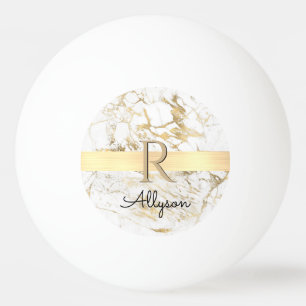 Balle De Ping Pong Nom & Monogramme, Barre d'or, Marbre blanc et or