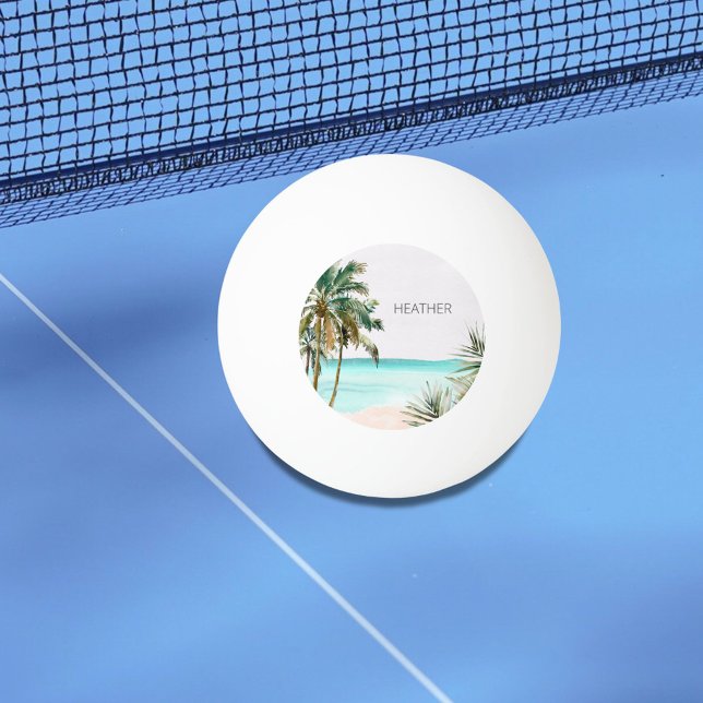 Balle De Ping Pong Palmier tropical Monogramme Plage Bleue Feuille (In situ)