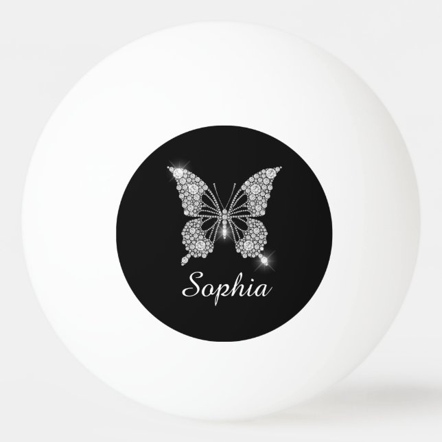 Balle De Ping Pong Papillon Diamant Blanc, Nom de Script, Noir (Devant)