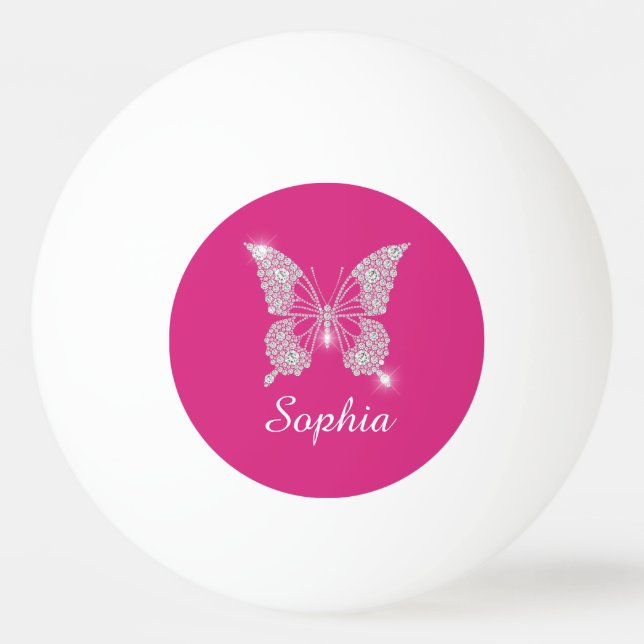 Balle De Ping Pong Papillon Diamant Blanc, Nom en écriture, Fuchsia (Devant)