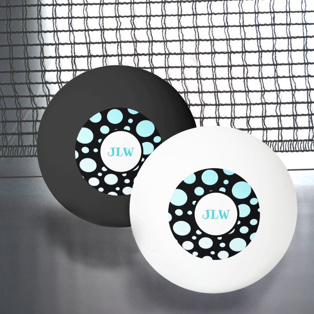 Balle De Ping Pong Polka-point bleu rétro moderne sur Ping Pong noir (Créateur téléchargé)