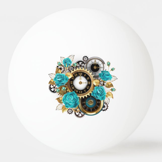 Balle De Ping Pong Steampunk Clock and Turquoise Roses on Striped (Devant)