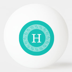 Balle De Ping Pong Turquoise Blanc Clé grecque Cadre Ronde Monogramme