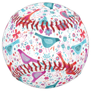 Balle De Softball Aquarelle d'oiseau Boho floral