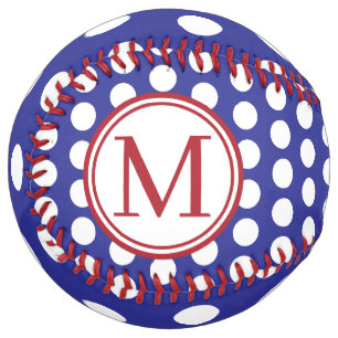 Balle De Softball Bleu et Blanc à pois avec monogramme rouge