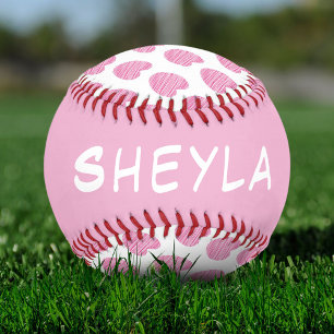 Balle De Softball Cute Pretty Pink Heart Pattern Name