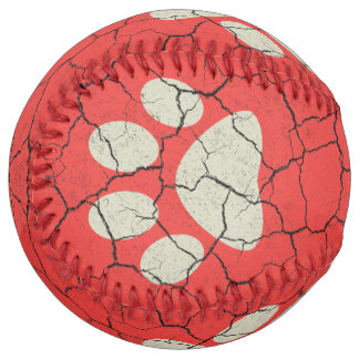 Balle De Softball Empreinte de patte Vintage en brique rouge animal 