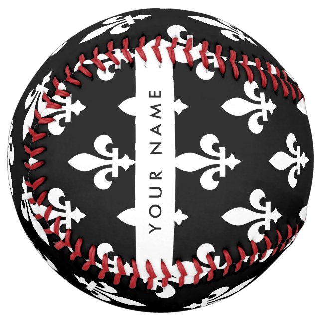 Balle De Softball Fleur de Lis, Blanc sur Noir, Blanc, Votre Nom (Devant gauche)