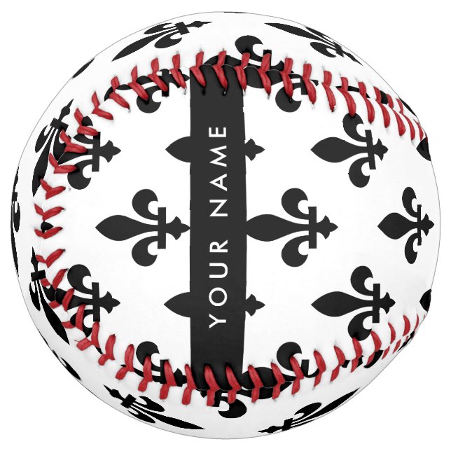 Balle De Softball Fleur de Lis, Noir sur Blanc, Noir, Votre Nom (Devant gauche)