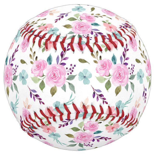 Balle De Softball Fleur rose aquarelle sans couture (Devant)
