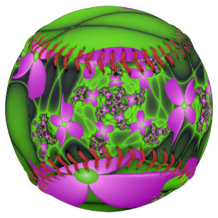 Balle De Softball Fleurs fractales Abstraites de néon rose vert