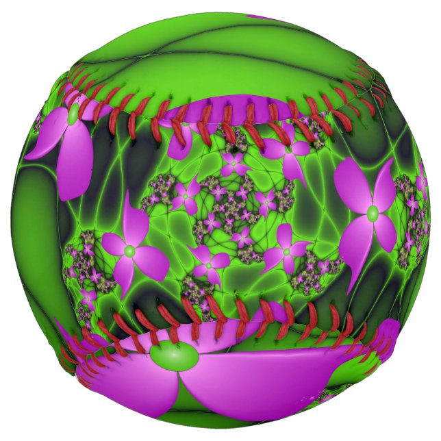 Balle De Softball Fleurs fractales abstraites modernes rose vert néo (Devant)
